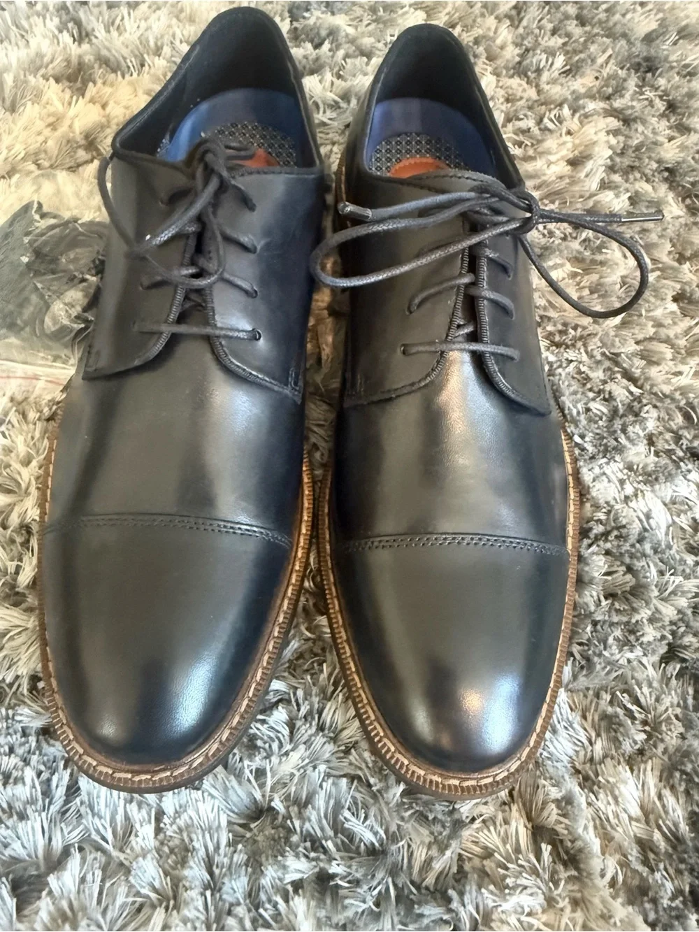 Vince Camuto Black Leather Cap-Toe Derby Shoes with Brown Welt